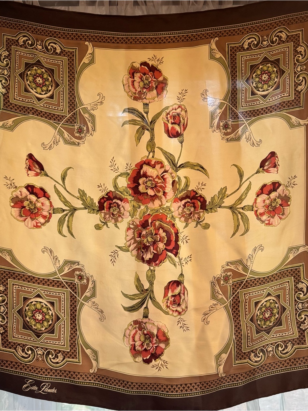 Vintage Estee Lauder 100% Silk Floral Brown & Cream Color Scarf Size-30.5x31
